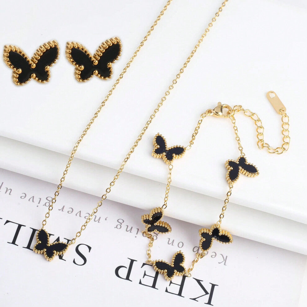 (Jewelry Set 3) High Quality Gold Plated Stainless Steel Butterfly Insect Bracelet Classic for Women Girls Fashion Party Wedding Jewelry Clover