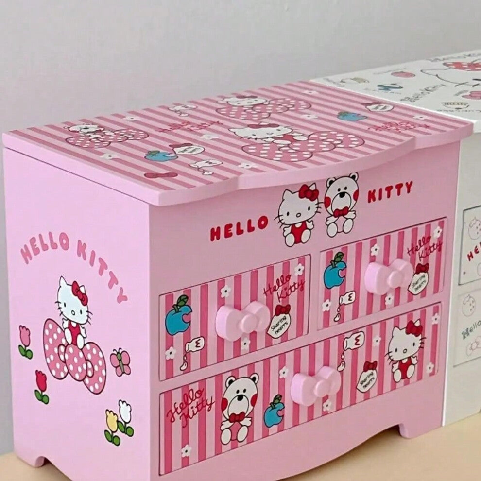 (pink) Sanrio Hello Kitty Cute Girl Desktop Jewelry Storage Box Student Bedroom Stationery Wooden Box with Drawer Small Birthday Gift