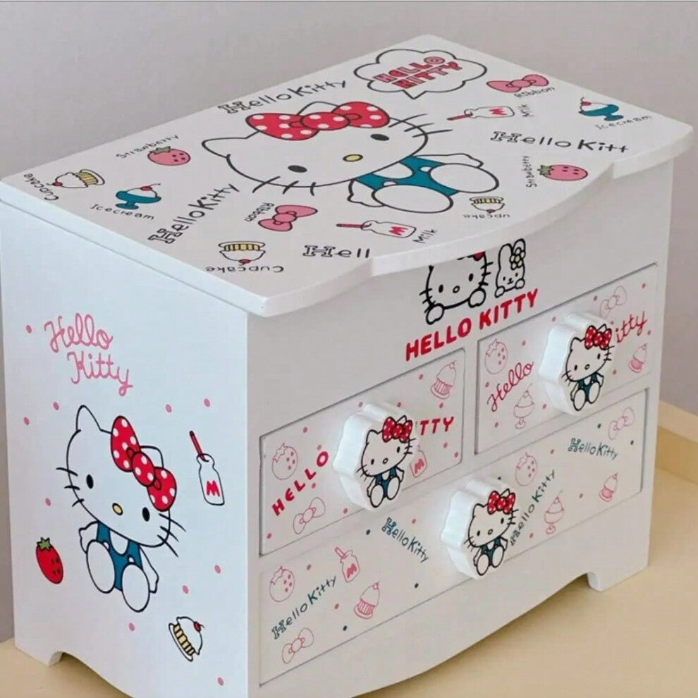 (White) Sanrio Hello Kitty Cute Girl Desktop Jewelry Storage Box Student Bedroom Stationery Wooden Box with Drawer Small Birthday Gift