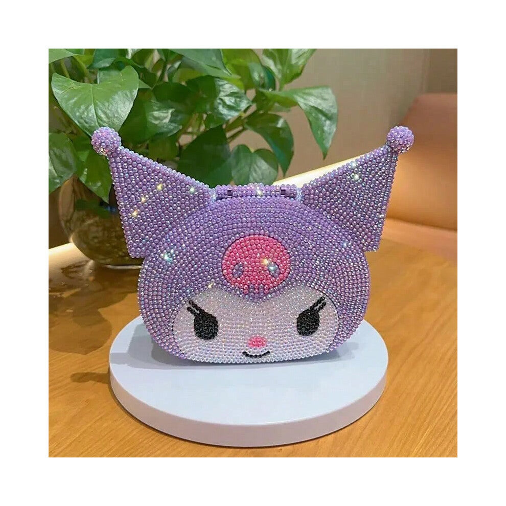 (Purple) Sanrio Kuromi DIY Diamond Sticker Cute Storage Box Girl Heart Cartoon Divider with Mirror Jewelry Cosmetics Desktop Organizer