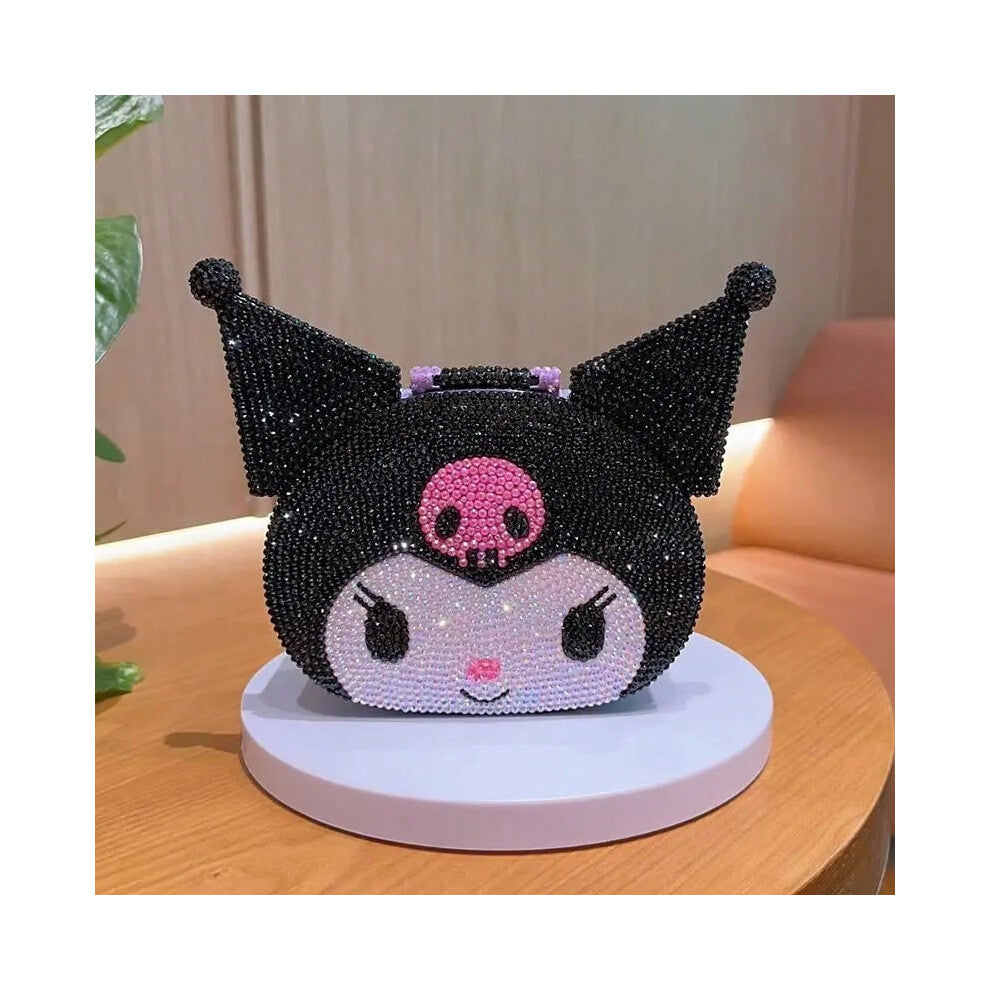 (black) Sanrio Kuromi DIY Diamond Sticker Cute Storage Box Girl Heart Cartoon Divider with Mirror Jewelry Cosmetics Desktop Organizer