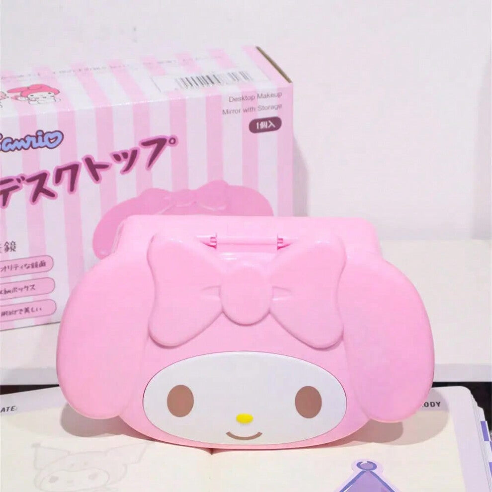 (pink) Sanrio Cartoon Kuromi Mini with Mirror Jewelry Storage Box Hair Circles Hairpins Debris Necklace Melody Desktop Makeup Box Girl