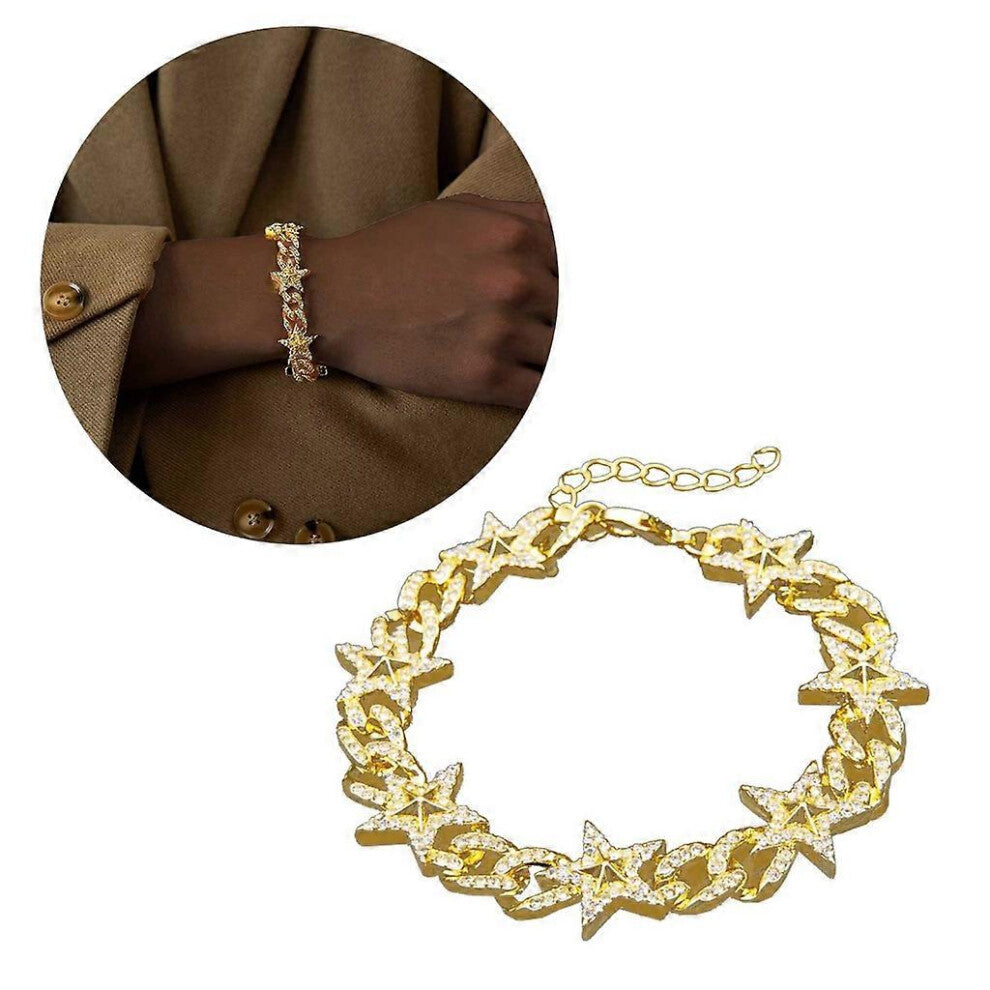 (As show, One size) Crystal Five Pointed Star Choker Necklace Bracelet for Women Hip Hop Bling