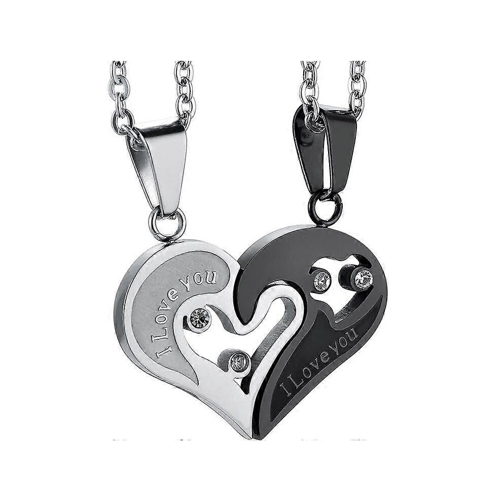 (As show, One size) 2 Pcs Couple Necklace Lovers Heart Puzzle Necklace Stainless Steel for Men and Women Pendant Necklace Black Silver Color-Gold Silv