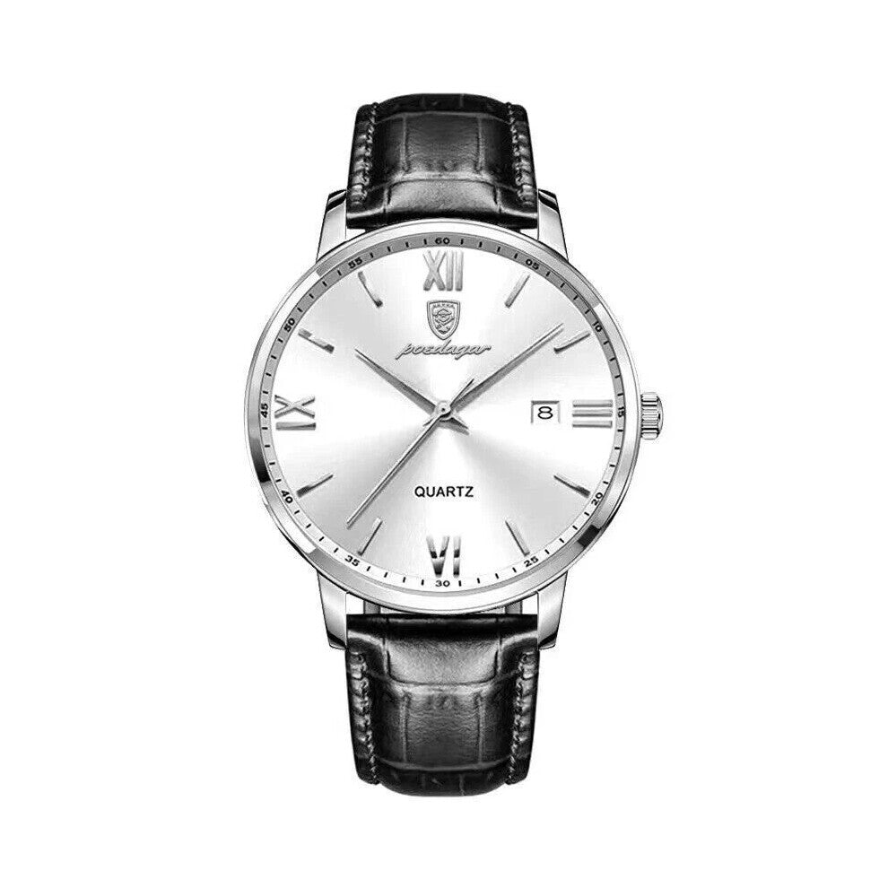 (Silver White Face) Men's Leather Quartz Watches Fashion Waterproof Luminous Date Wristwatch Gift