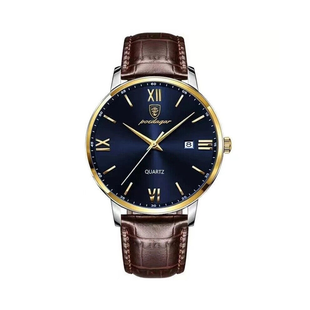 (Gold Dark Blue Face) Men's Leather Quartz Watches Fashion Waterproof Luminous Date Wristwatch Gift Hot