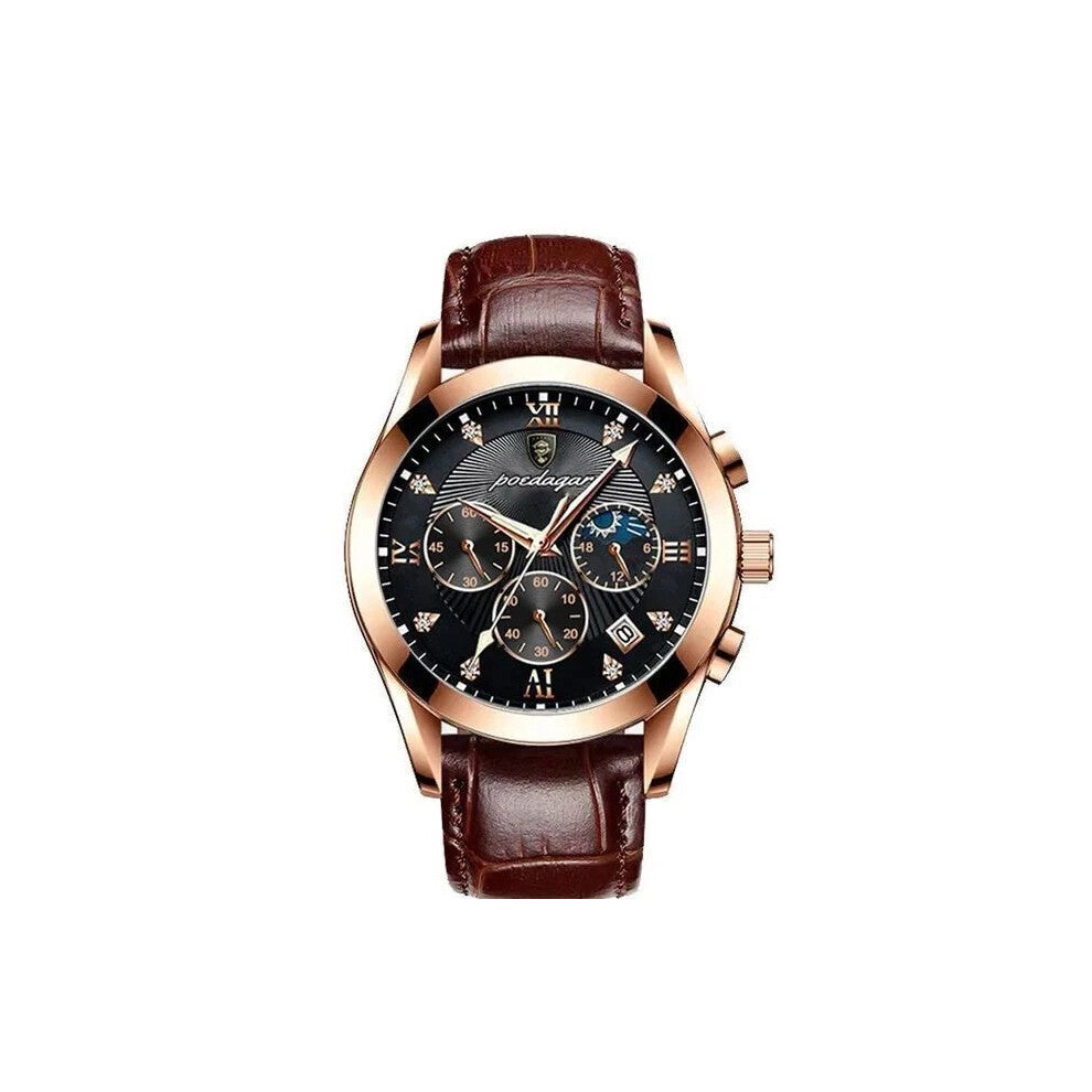 (Leather Rose Gold Black Face) Mens Luxury Watch Waterproof Luminous Date Watches Chronograph Quartz Wristwatch