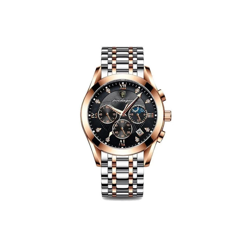 (Steel Rose Gold Black Face) Mens Luxury Watch Waterproof Luminous Date Watches Chronograph Quartz Wristwatch