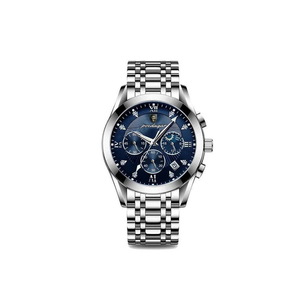 (Steel Silver Dark Blue Face) Mens Luxury Watch Waterproof Luminous Date Watches Chronograph Quartz Wristwatch