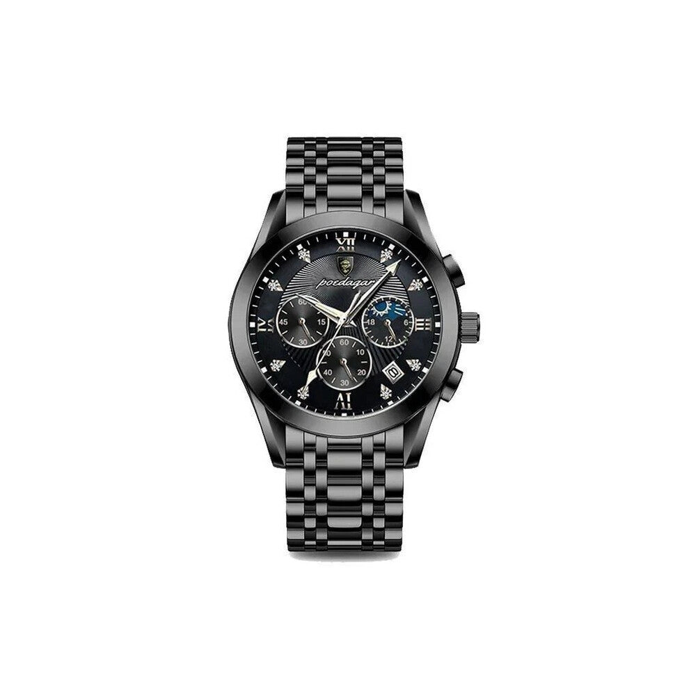 (Steel Black Black Face) Mens Luxury Watch Waterproof Luminous Date Watches Chronograph Quartz Wristwatch Hot