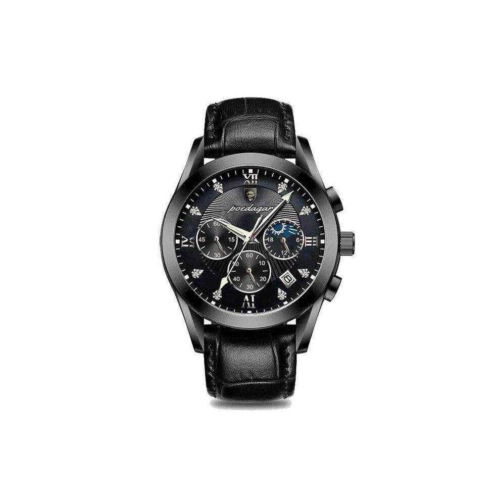(Leather Black Black Face) Mens Luxury Watch Waterproof Luminous Date Watches Chronograph Quartz Wristwatch New