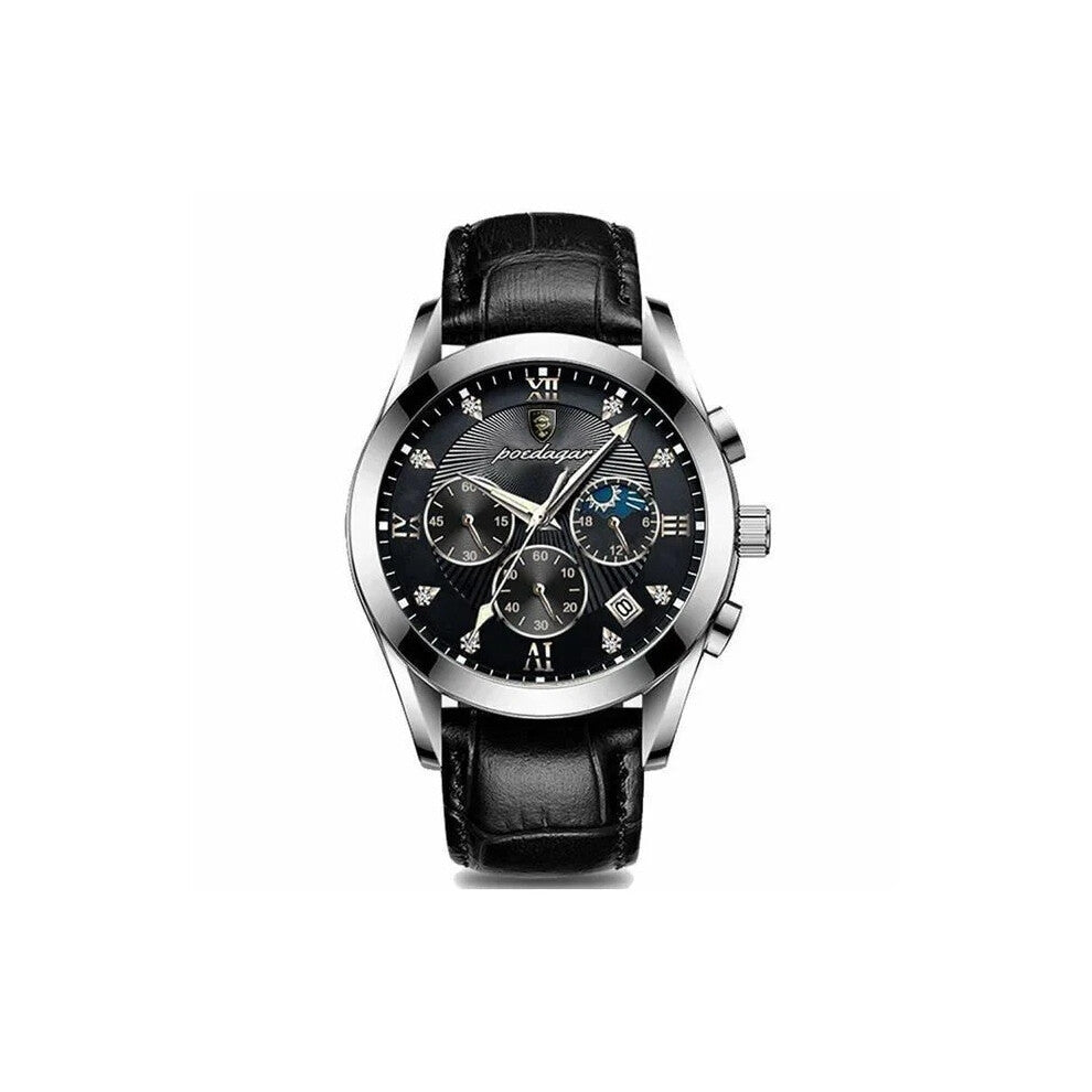 (Leather Silver Black Face) Mens Luxury Watch Waterproof Luminous Date Watches Chronograph Quartz Wristwatch New
