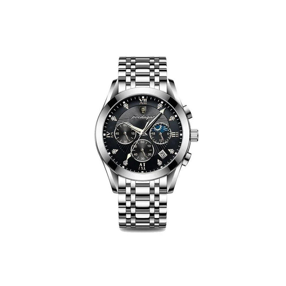 (Steel Silver Black Face) Mens Luxury Watch Waterproof Luminous Date Watches Chronograph Quartz Wristwatch New