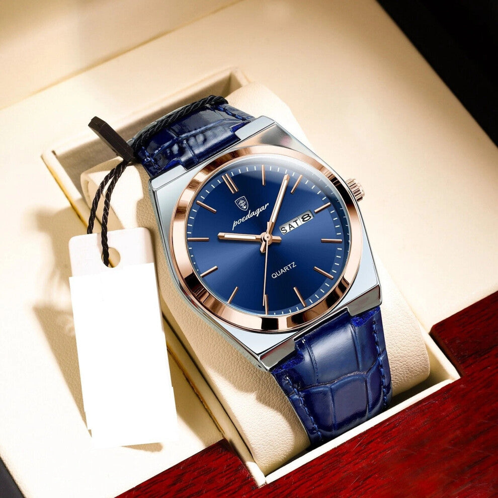 (Silver Rose Gold Dark Blue Face) Luxury Calendar Watches Mens Leather Quartz Watch Waterproof Luminous Wristwatch
