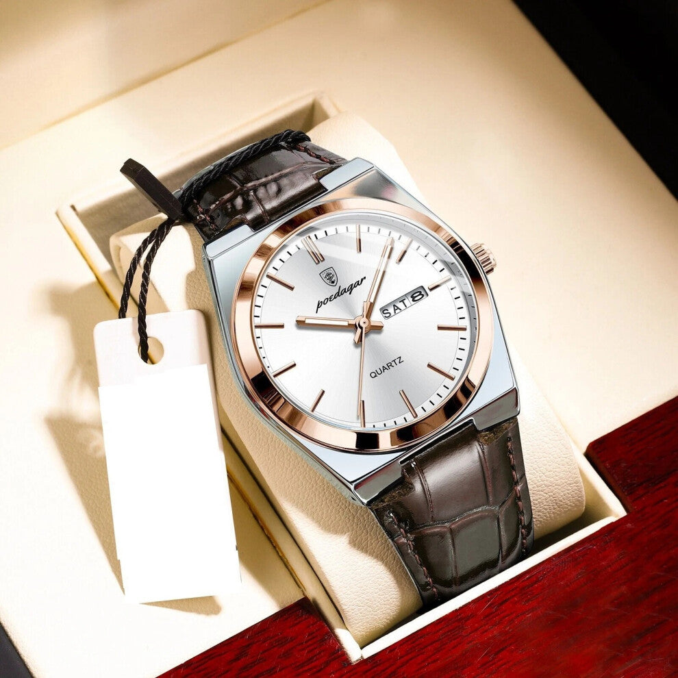 (Silver Rose Gold White Face) Luxury Calendar Watches Mens Leather Quartz Watch Waterproof Luminous Wristwatch