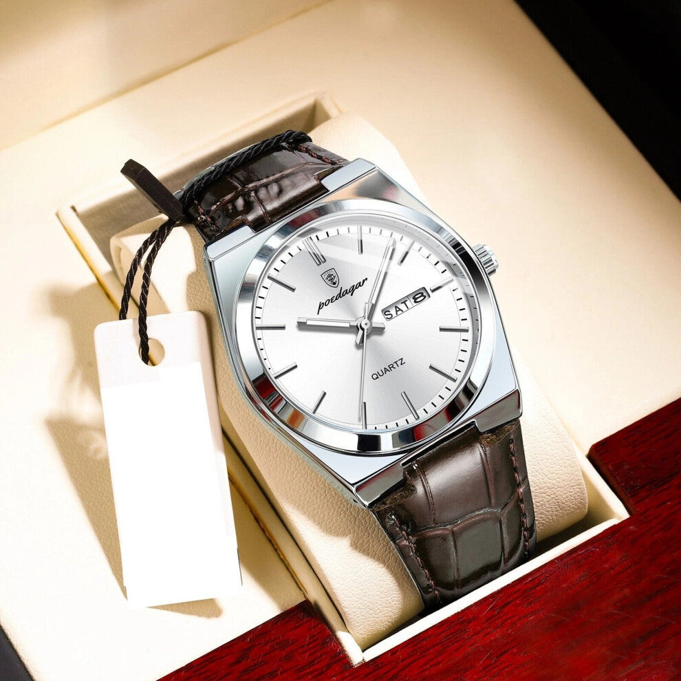 (Silver White Face) Luxury Calendar Watches Mens Leather Quartz Watch Waterproof Luminous Wristwatch