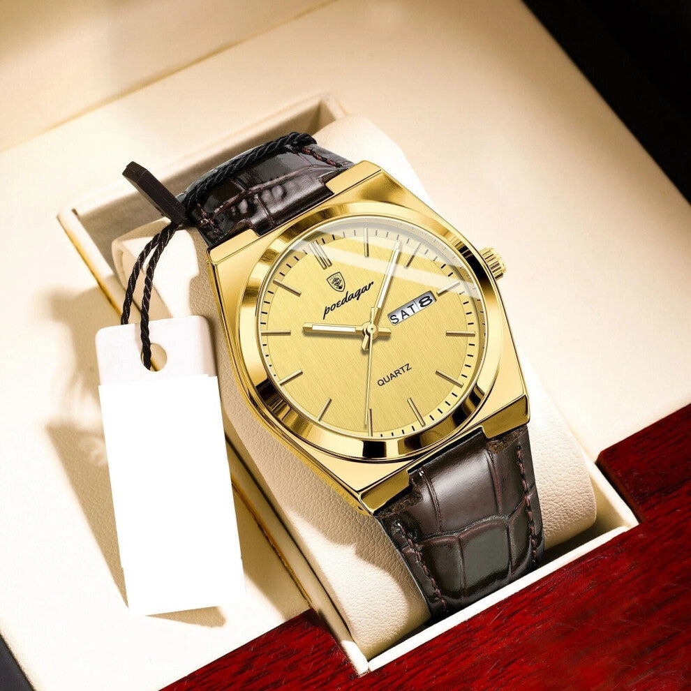 (Gold Gold Face) Luxury Calendar Watches Mens Leather Quartz Watch Waterproof Luminous Wristwatch New