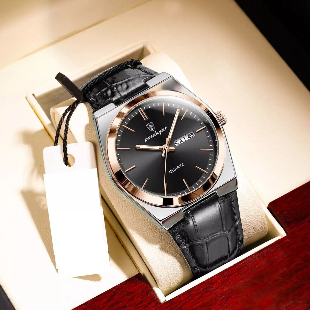 (Silver Rose Gold Black Face) Luxury Calendar Watches Mens Leather Quartz Watch Waterproof Luminous Wristwatch Hot