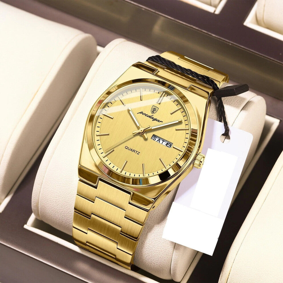 (Gold Gold Face) Men Quartz Watch Waterproof Luminous Stainless Steel Watches Calendar Wristwatch New