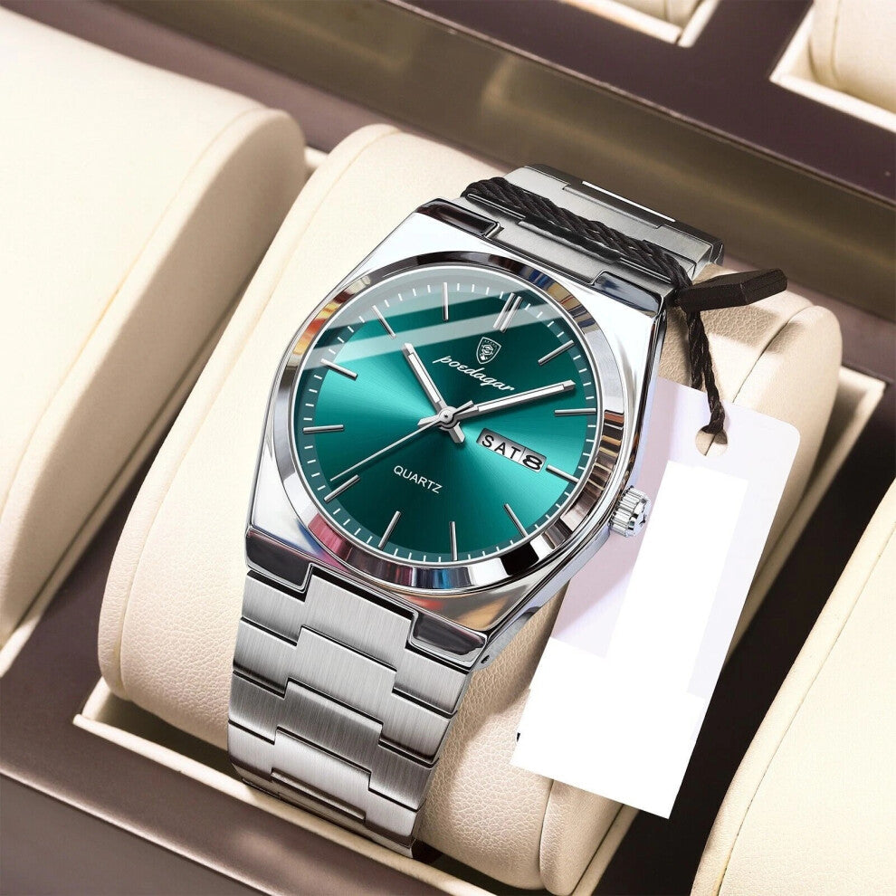 (Silver Dark Green Face) Men Quartz Watch Waterproof Luminous Stainless Steel Watches Calendar Wristwatch New