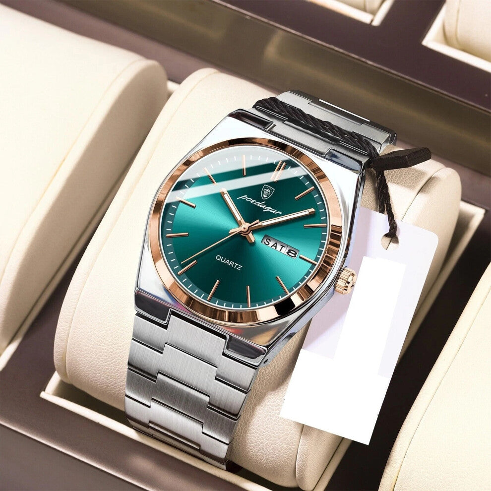 (Silver Rose Gold Dark Green Face) Men Quartz Watch Waterproof Luminous Stainless Steel Watches Calendar Wristwatch New