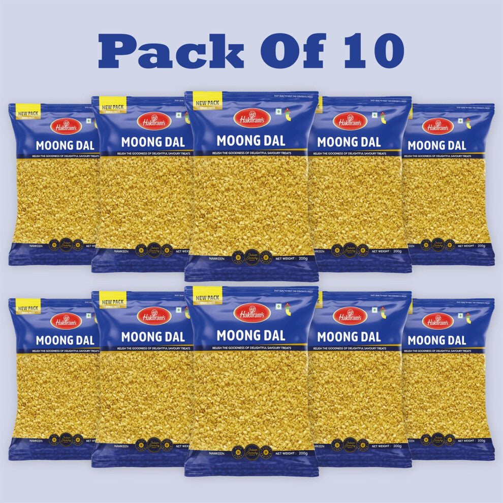 Haldiram's Moong Dal – 200g (Pack of 10) | Crispy Fried Yellow Lentil Snack | Light & Savoury | Net Weight 2kg
