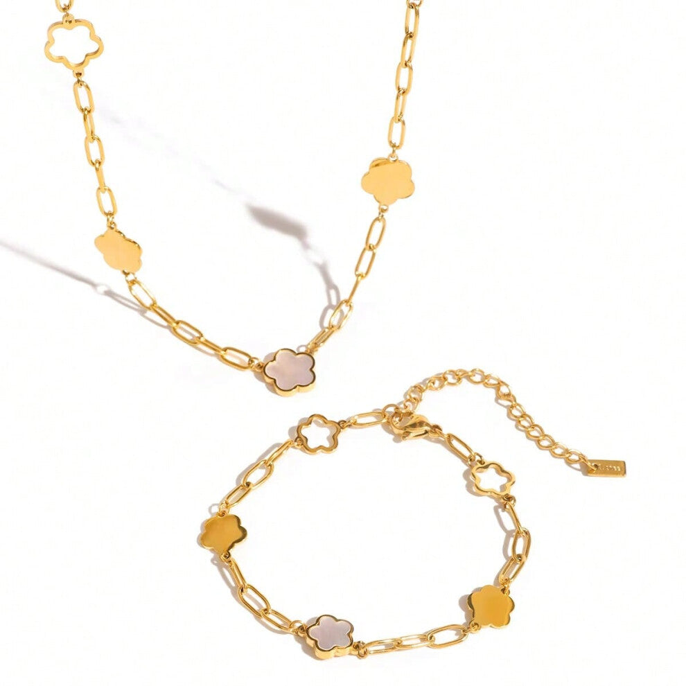 (2 pcs Set) Youthway 18K Gold Plated Stainless Steel Geometric Smooth Flower Bracelet Necklace Waterproof Classic Women Jewelry Gift For Her