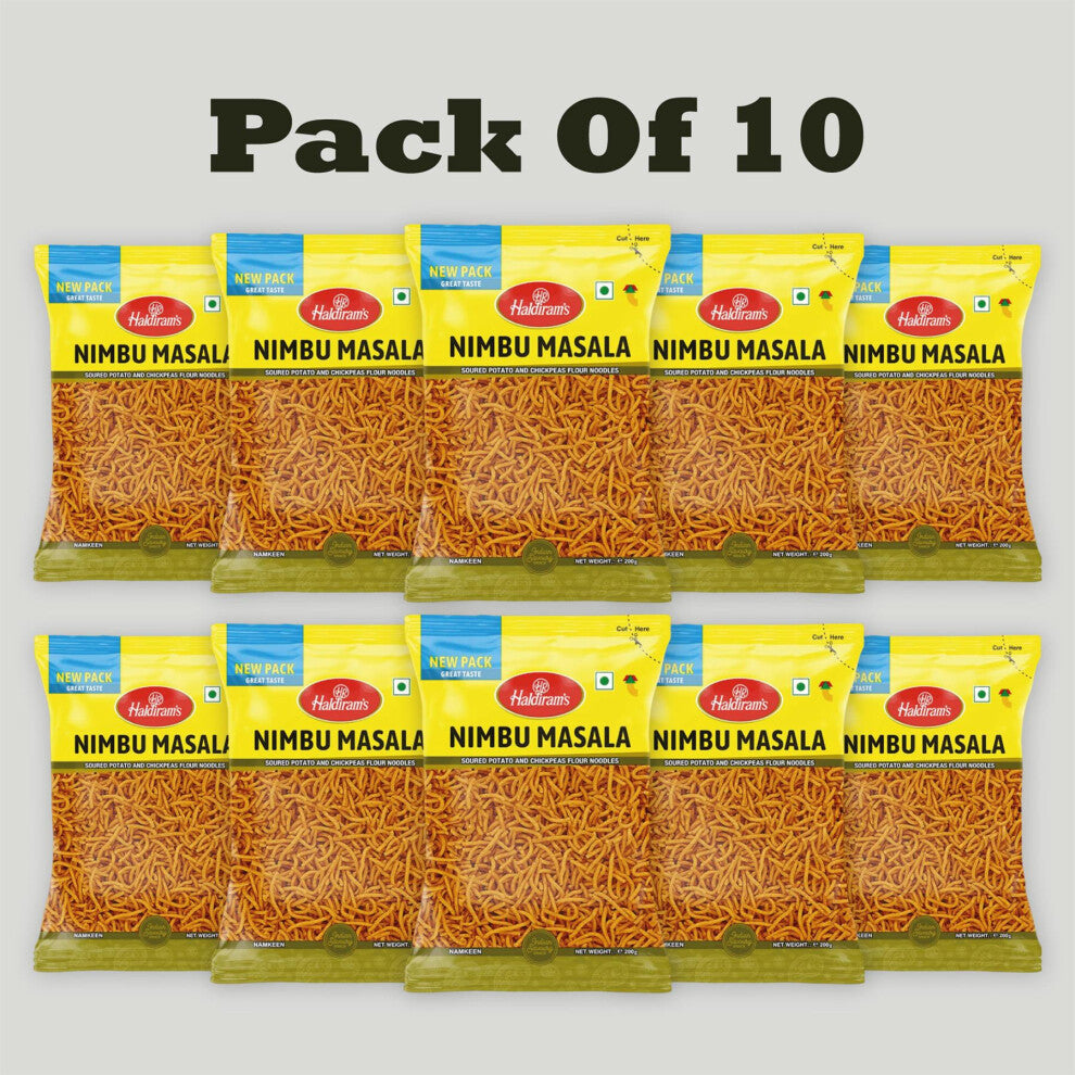 Haldiram's Nimbu Masala – 200g (Pack of 10) | Tangy Lemon-Flavoured Indian Snack Mix | Zesty & Crunchy Namkeen | Net Weight 2kg