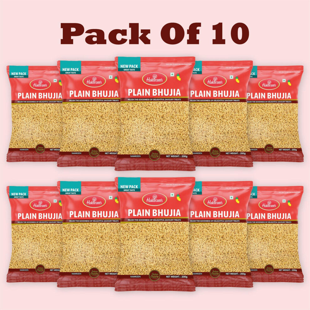 Haldiram's Plain Bhujia – 200g (Pack of 10) | Classic Crunchy Indian Snack | Mildly Spiced Gram Flour Sev | Net Weight 2kg