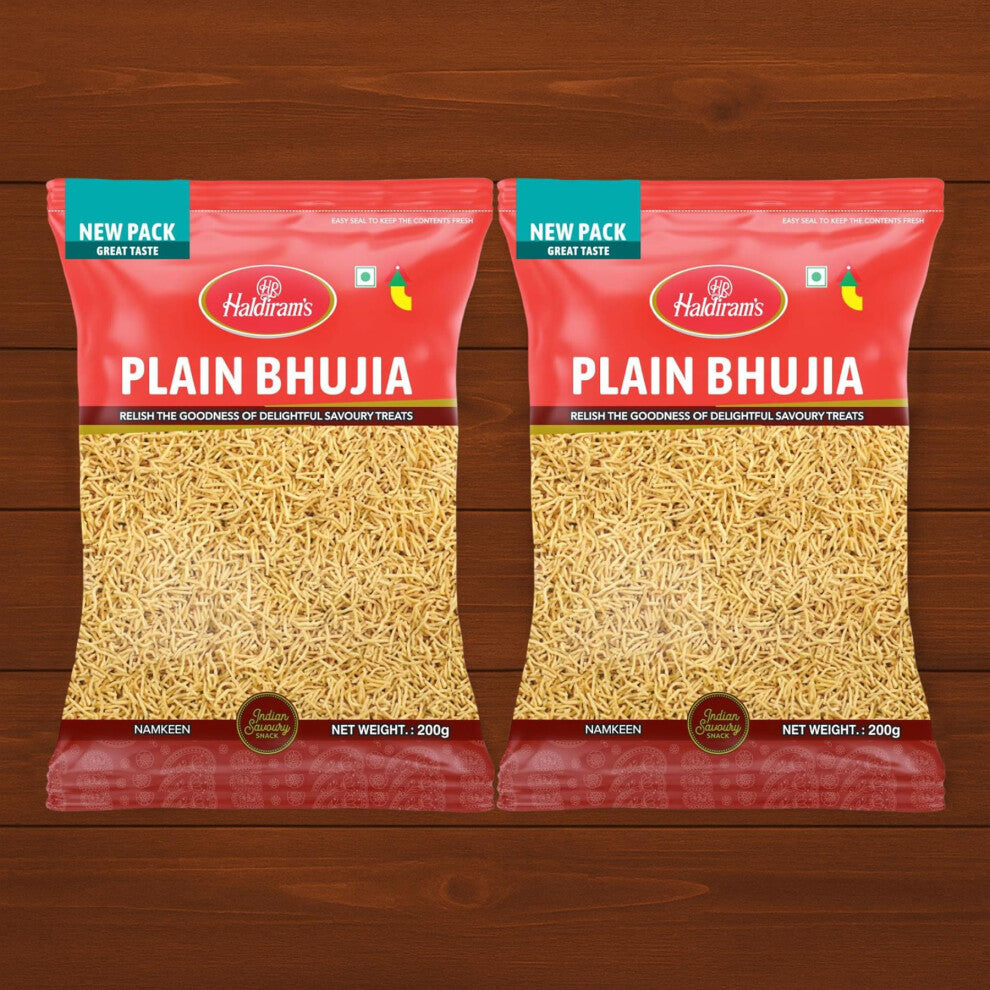 Haldiram's Plain Bhujia – 200g (Pack of 2) | Classic Indian Namkeen Snack | Mildly Spiced Crunchy Sev | Net Weight 400g