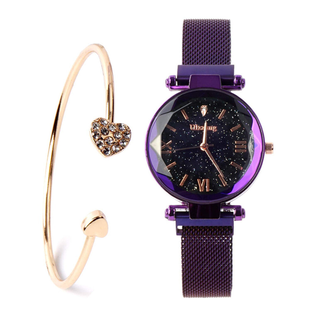FUNGORGT Luxury Quartz Starry Sky Dial Ladies Wrist Watches,Magnetic Mesh Band Watch and Bracelet Set?, D-Purple, Ladies Magnetic Wrist Watches