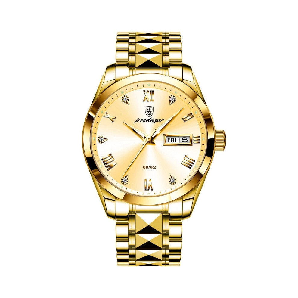 (Gold) Waterproof Men's Quartz Watches Stainless Steel Luminous Date Wristwatches