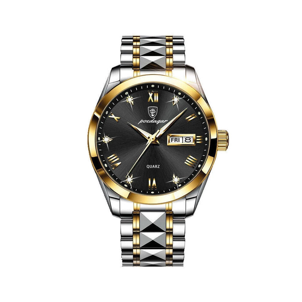 (Gold Black) Waterproof Men's Quartz Watches Stainless Steel Luminous Date Wristwatches