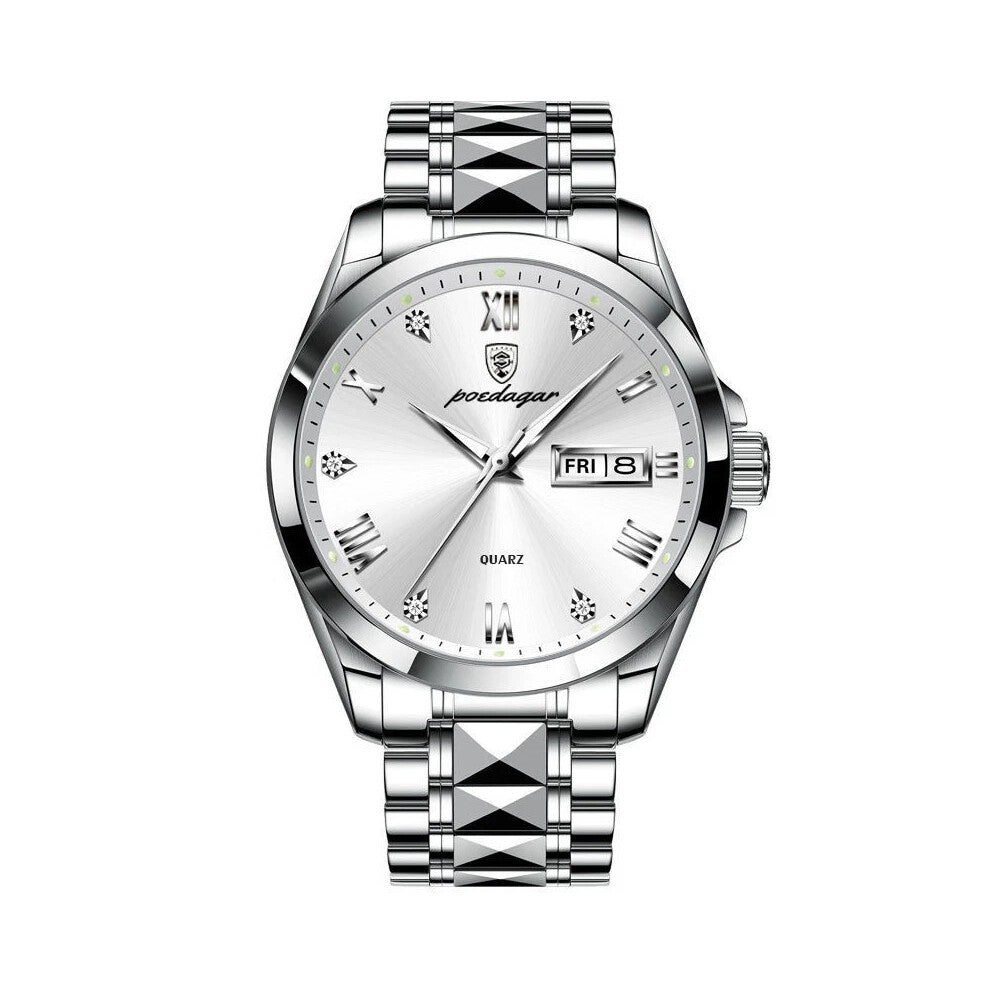 (Silver) Waterproof Men's Quartz Watches Stainless Steel Luminous Date Wristwatches