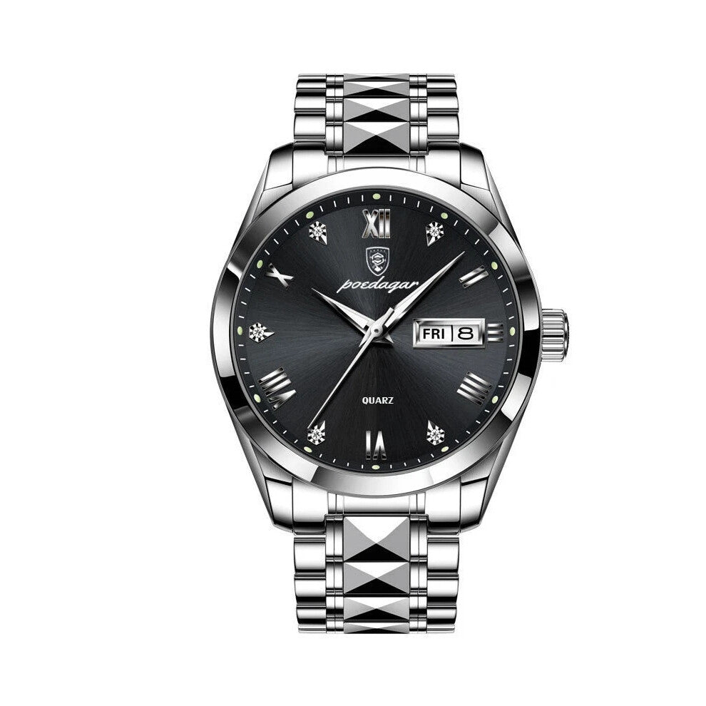 (Silver Black) Waterproof Men's Quartz Watches Stainless Steel Luminous Date Wristwatches Hot