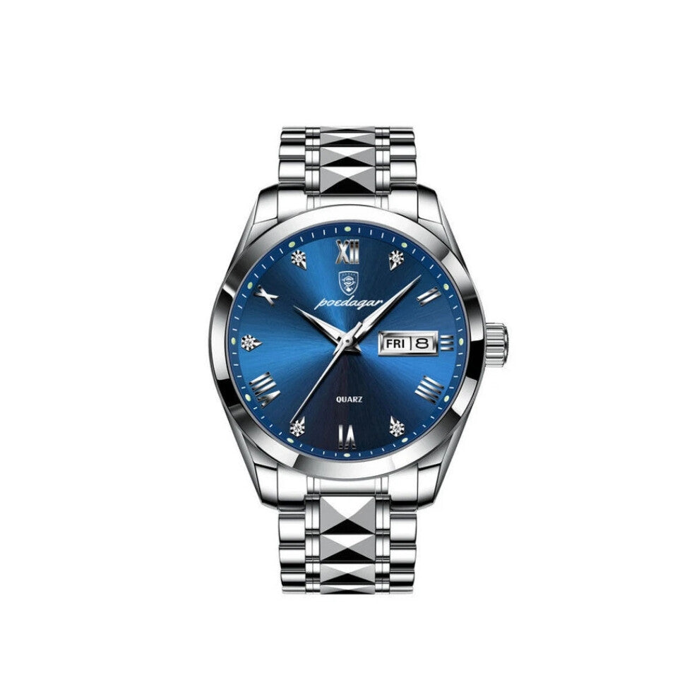 (Silver Blue) Waterproof Men's Quartz Watches Stainless Steel Luminous Date Wristwatches Hot