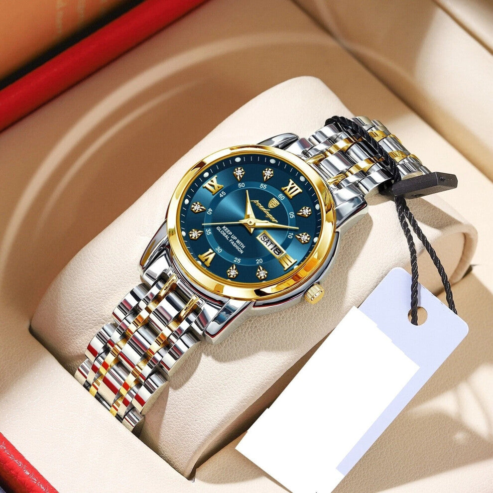 (Gold Dark Blue Face) Womens Stainless Steel Quartz Watches Waterproof Luminous Calendar Wristwatches