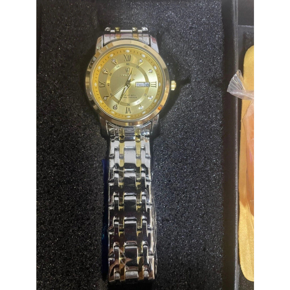 (Gold Gold Face) Womens Stainless Steel Quartz Watches Waterproof Luminous Calendar Wristwatches Hot