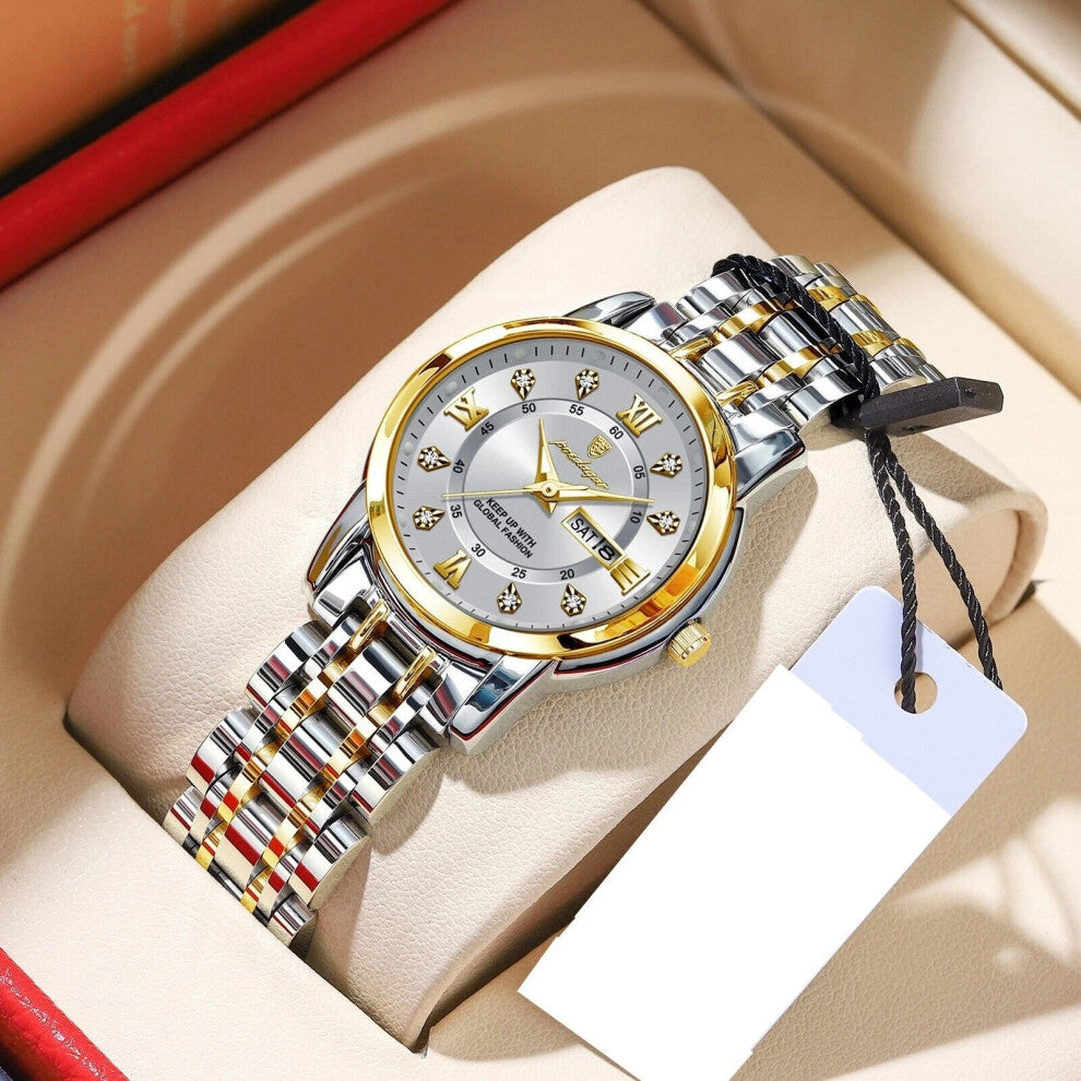 (Gold White Face) Womens Stainless Steel Quartz Watches Waterproof Luminous Calendar Wristwatches Hot