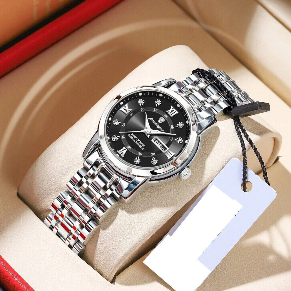 (Silver Black Face) Womens Stainless Steel Quartz Watches Waterproof Luminous Calendar Wristwatches Hot