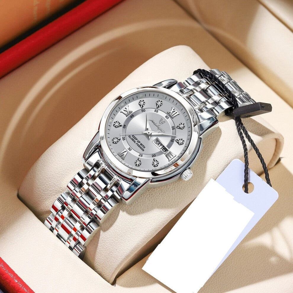 (Silver White Face) Womens Stainless Steel Quartz Watches Waterproof Luminous Calendar Wristwatches Hot