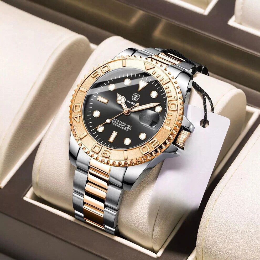 (Steel Rose Gold Silver Black Face) Luxury Men's Watches Stainless Steel Quartz Watch Waterproof Luminous Wristwatch