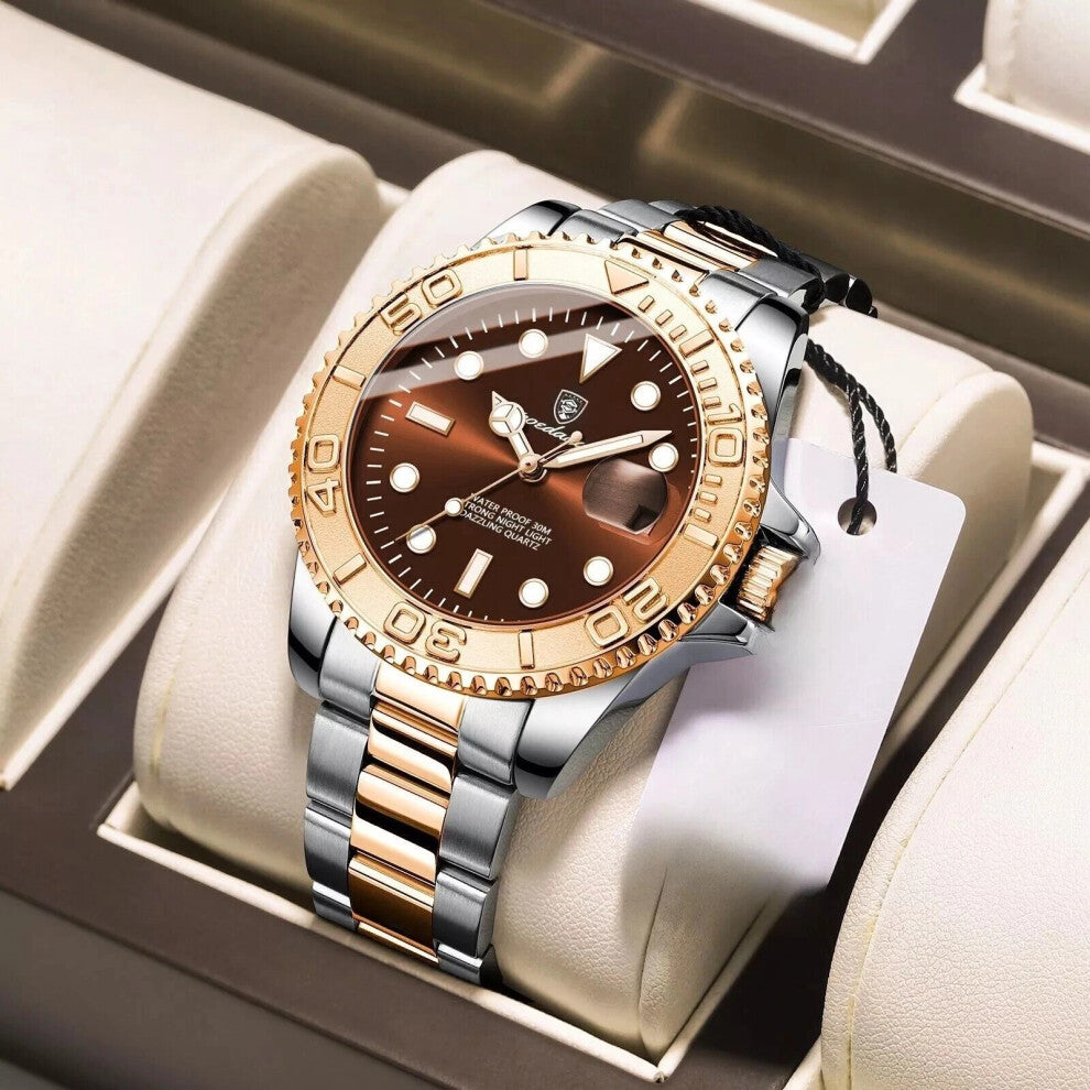(Steel Rose Gold Silver Coffee Face) Luxury Men's Watches Stainless Steel Quartz Watch Waterproof Luminous Wristwatch