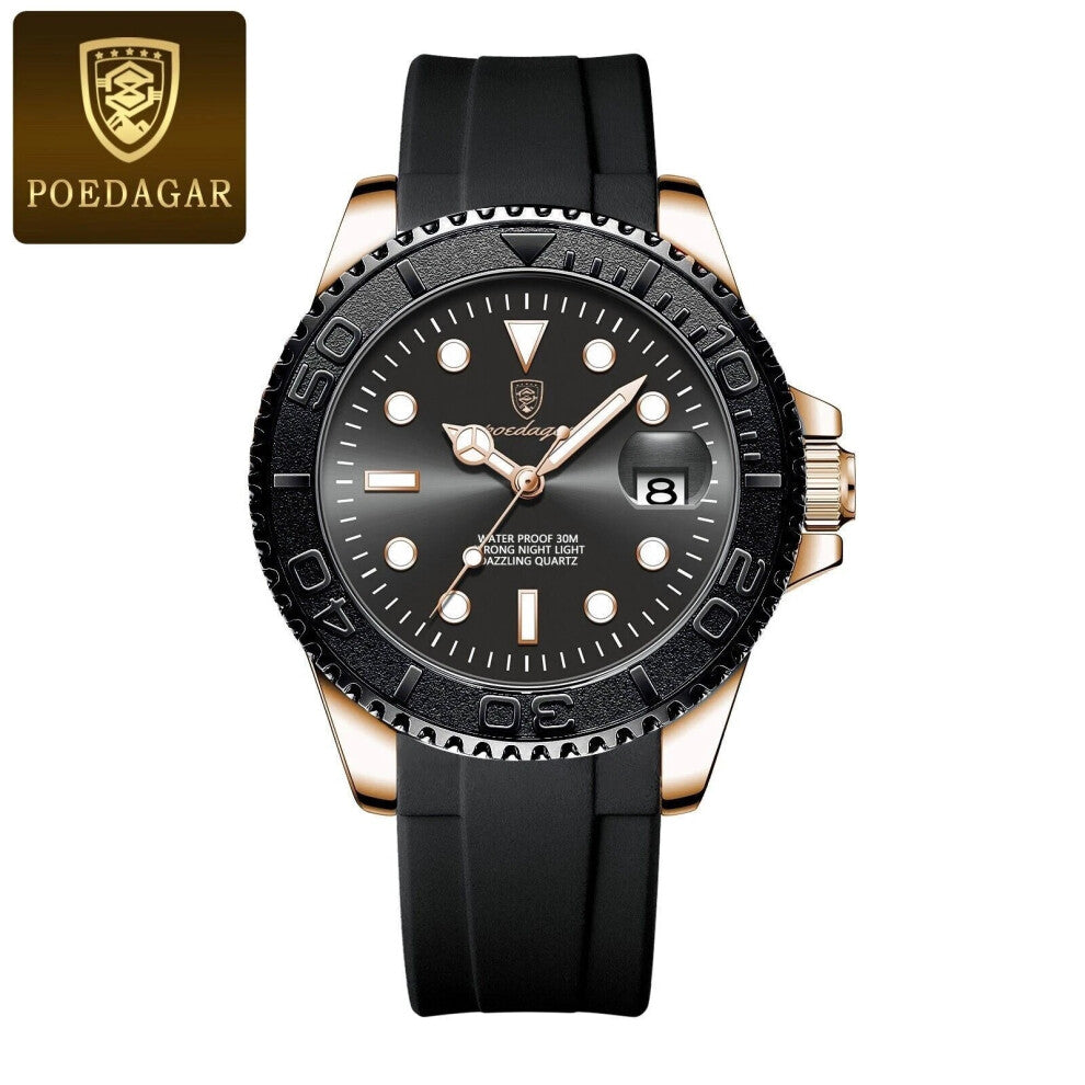 (Silicone Rose Gold Black Face) Luxury Men's Watches Stainless Steel Quartz Watch Waterproof Luminous Wristwatch New