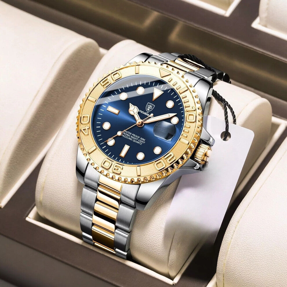 (Steel Gold Silver Dark Blue Face) Luxury Men's Watches Stainless Steel Quartz Watch Waterproof Luminous Wristwatch New
