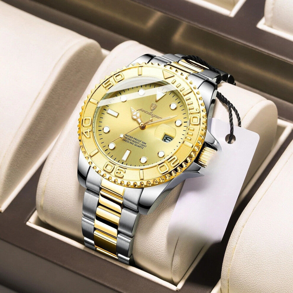 (Steel Gold Silver Gold Face) Luxury Men's Watches Stainless Steel Quartz Watch Waterproof Luminous Wristwatch New