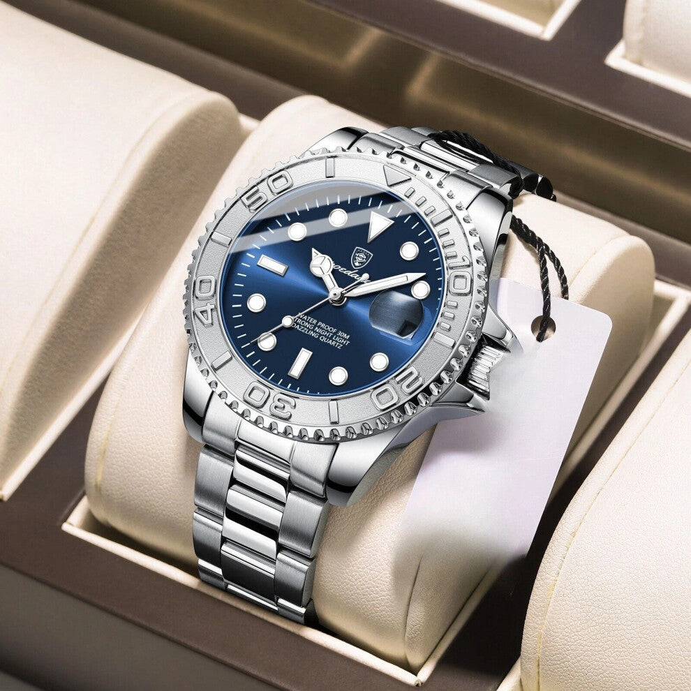 (Steel Silver Dark Blue Face) Luxury Men's Watches Stainless Steel Quartz Watch Waterproof Luminous Wristwatch New