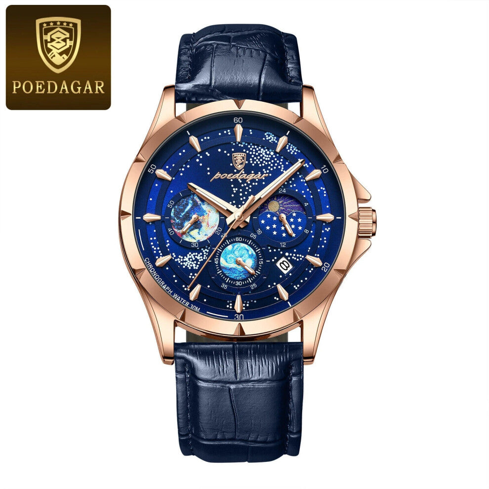 (Rose Gold Dark Blue Face) Men's Leather Quartz Watches Date Chronograph Wristwatch Waterproof Luminous