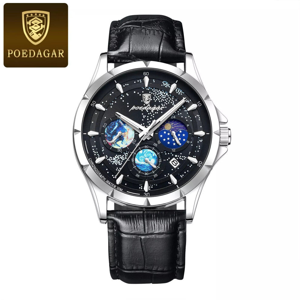 (Silver Black Face) Men's Leather Quartz Watches Date Chronograph Wristwatch Waterproof Luminous