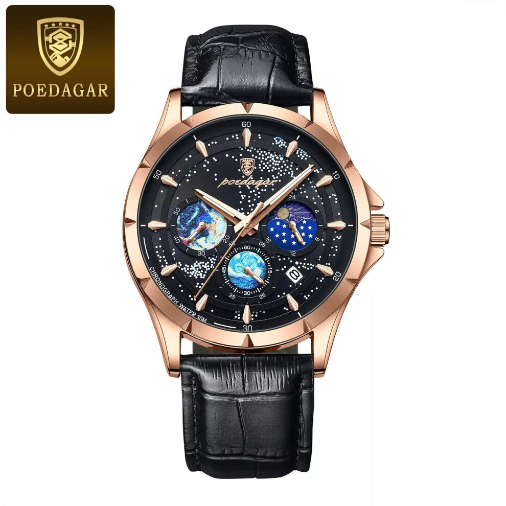 (Rose Gold Black Face) Men's Leather Quartz Watches Date Chronograph Wristwatch Waterproof Luminous New
